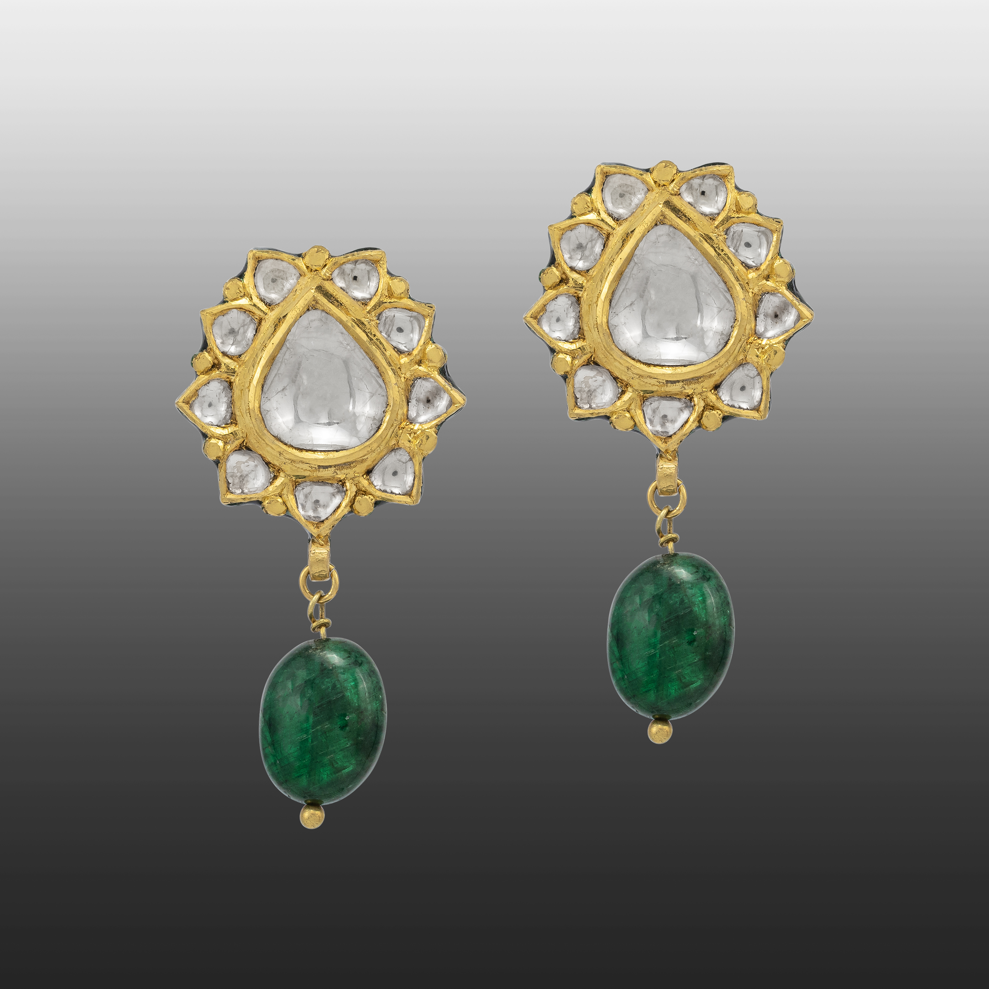 Lotus-Bud Inspired Polki Earrings with Emerald Drops